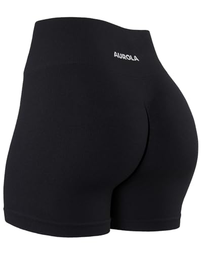 AUROLA Power Scrunch Butt Workout Shorts for Women Seamless Gym Shorts High Waist Tummy Control Yoga Biker Shorts,Black,L