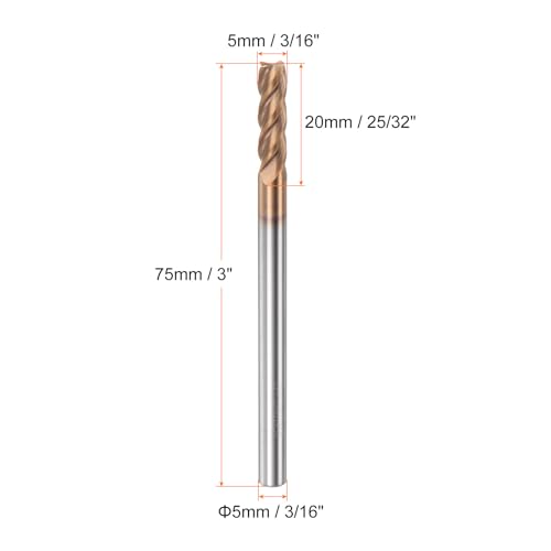 Image of HARFINGTON Micro Grain Carbide Square End Mill 3 /16 inch x 25 /32 inch (5mm x 20mm) Cut 3 /16 inch (5mm) Shank 3 inch (75mm) Length AlTiN Coated 4 Flutes Square Nose Cutter for Alloy Steel Hardened Steel