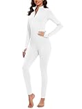 VUTRU Long Sleeve Jumpsuit for Women One Piece Fleece Romper Zip Front Workout Bodycon Full Body Yoga Jumpsuits, White, Small