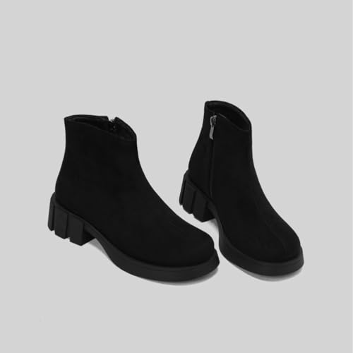 Women's Round Toe Flat Ankle Zip Chelsea Leather Suede Low Chunky Heel Winter Warm Work Wide Calf Booties3