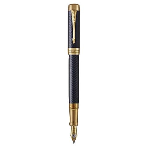 Parker Duofold Prestige Füller | Blue Chevron | Größe Centennial | Füllfederhalter mit mittlere Feder aus Massivgold | schwarze Tinte und Konverter | Geschenkbox Cover