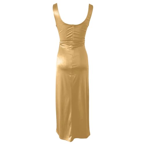GAHIEDIM Champagne Dress for Women Womens Cowl Neck Champagne Dress Satin High Slit Beige Large - image 6