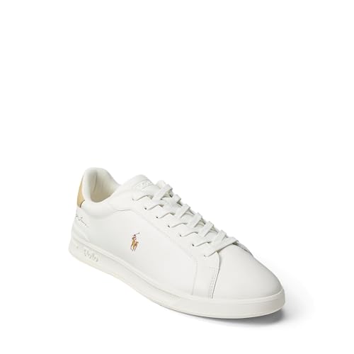 Image of POLO RALPH LAUREN, Mens, Heritage Court II Leather Sneakers, Deckwash White /Bone, 10.5, Medium