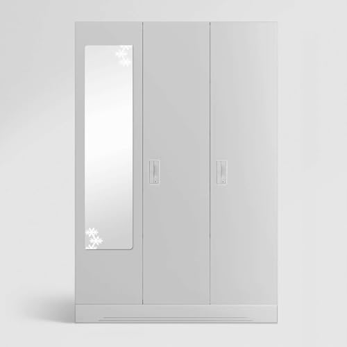 Image of Interio by Godrej Almirah Slimline 3-Door Steel Almirah, Cupboard for Clothes (Royal Ivory), 1-Year Warranty, 6 Shelves, 1 Locker, 2 Drawers, Star Design Mirror