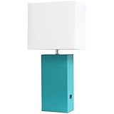 Elegant Designs LT1053-TEL Modern Leather Table Lamp with USB and White Fabric Shade, Teal (Pack of 1)