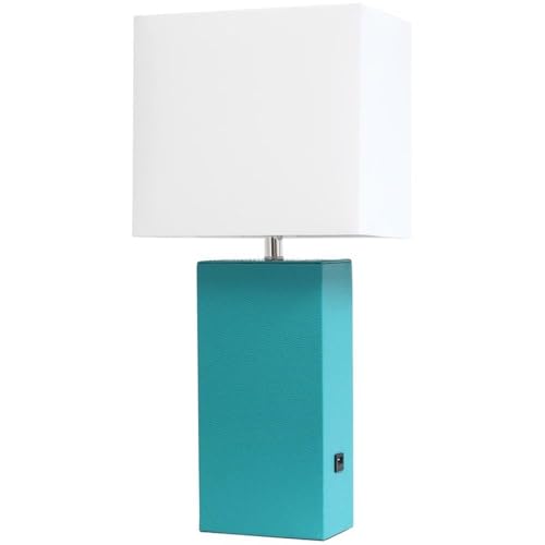 Elegant Designs LT1053-TEL Modern Leather Table Lamp with USB and White Fabric Shade, Teal (Pack of 1)