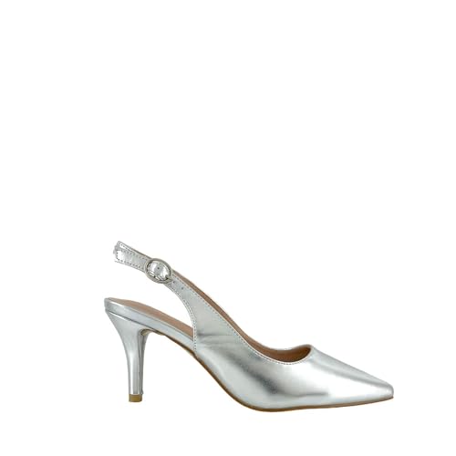 MODELISA - Zapato De Tacon Fino Destanolado Hebilla Acabado En Punta Boda Mujer (Plata, 41)