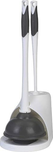 Clorox Toilet Plunger and Brush Bowl Set with Holder Caddy Storage for Cleaning Bathroom and Unclogging Toilets, White and Gray
