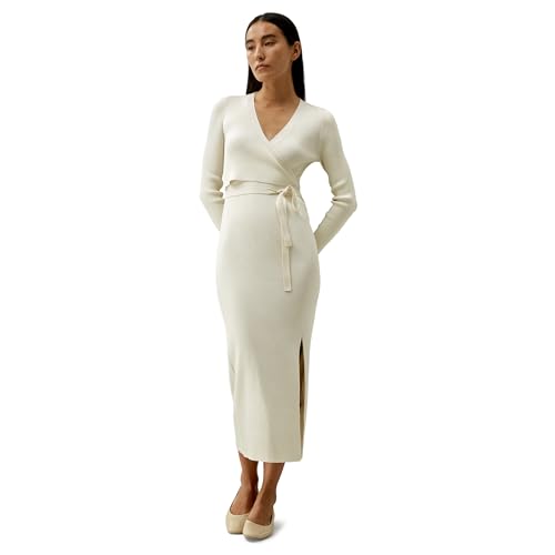 LilySilk Damen Seiden Gestricktes Wickelkleid Frauen Slim Fit Langarmkleid mit Seitenschlitz und V-Ausschnitt für Party und Urlaub(Weiß,M)