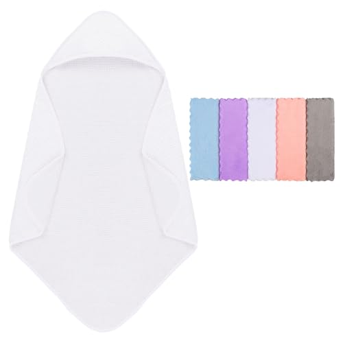 Image of Orighty Baby Hooded Towel with Five Washcloths, 28 x 28 Inch Super Soft Bath Towel with Hood for Babies, Infant, Newborn Essential - Ideal Baby Stuff Registry for Boys and Girls (White)