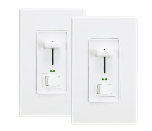 Cloudy Bay CBLD003WH-2PK In Wall Dimmer Switch With Green Indicator,For Led Light/Cfl/Incandescent,3-Way Single Pole Dimmable Slide,600 Watt Max,Cover Plate Included,White,2 Pack cover