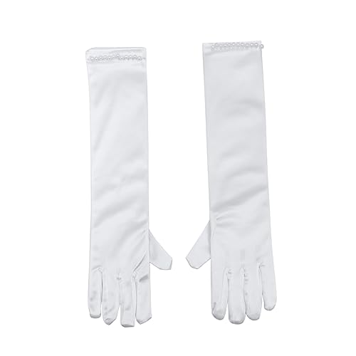 Homoyoyo Wedding Flower Girl Gloves Long Satin with Pearl Decor Elegant Full Finger Dress Gloves for Weddings