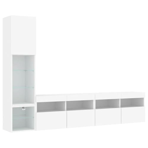 vidaXL Wohnwand 4-TLG., Schrankwand mit viel Stauraum, Anbauwand mit LED-Beleuchtung, Wandmontage Fernsehschrank Wohnzimmer Set Schrank, Weiß Holzwerkstoff