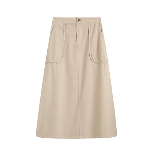 TatbUL Falda Larga De Algodón Beige para Mujer con Bolsillos, Falda Cargo Informal De Línea A Falda Midi De Cintura Alta Elástica Falda Larga Lisa Simple para Damas Y Niñas, L