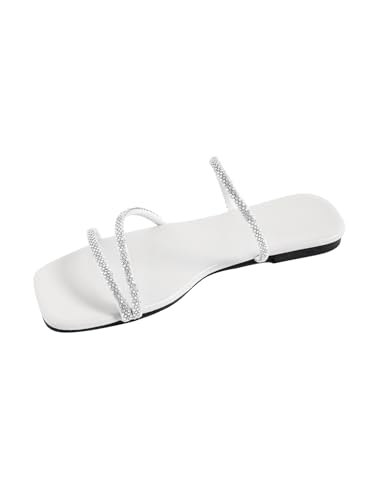 Image of GORGLITTER Women's Rhinestone Wedding Flat Sandals Sparkly Strappy Glitter Dressy Slip on Bling Bridal Prom Cute Slide Shoes