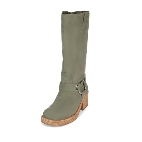 Image of Women's Knee High Riding Boots Round Toe Block Heel Fashion Motorcycle Booties Side Zipper Wide Calf Biker Riding Boots with Studs