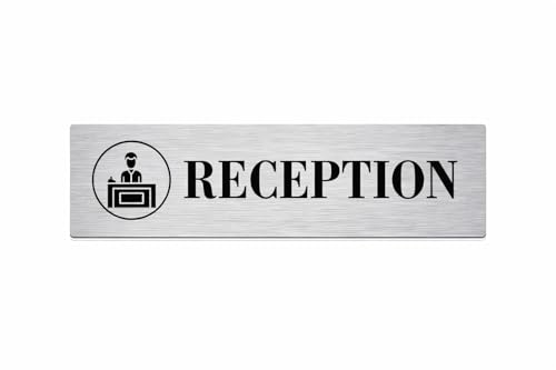 Image of Brushed Silver PVC Office Sign with Double-Sided Tape | Durable 10x3 Inch Signage for Clinics, Malls, Gyms & Hospitals - Available in Silver & Gold (Brushed Silver, Reception)