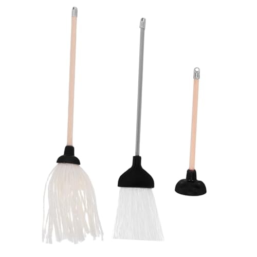 YARNOW 3 Piezas Mini Set de Limpieza para Casa de Muñecas Accesorios Realistas con Mini Mopas y Escobas Juego de Herramientas para Baño y Decoraciones Escala Pequeña
