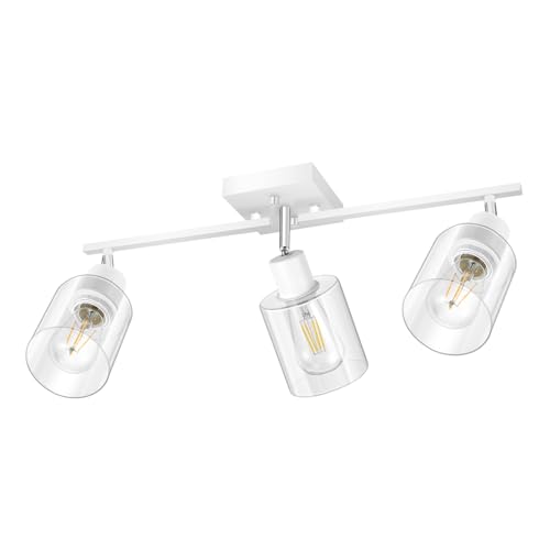 Track Lighting Fixtures Ceiling, 23" LED Track Light with Clear Glass Lampshade, White 3-Light Ceiling Spotlight for Kitchen, Adjustable Rotatable Head, Wall Sconce for Hallway (E26 Base, No Bulb)