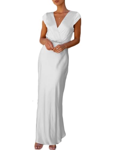 Summer Satin V Neck Wrap Maxi Dress for Women 2025 Elegant Silk Cap Sleeve Wedding Guest Dresses White