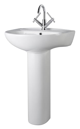 Balterley 550mm Bathroom Sink, Full Pedestal Ceramic Round Bowl Bathroom Wash Basin Sink with Overflow, 1 Tap Hole, Floor Standing Basin Sinks for Cloakroom - 550 x 475 x 840mm (White)