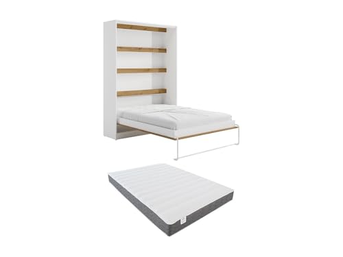 Vente-unique - Lit escamotable 140 x 200 cm - Ouverture Verticale Manuelle - avec LEDs - Blanc et Naturel + Matelas - RAPILI