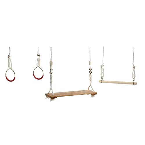 Idena 40193 - Turnschaukelset aus Holz mit Brettschaukel, Trapez und Ringen, für Kinder ab 3 Jahren, mit verstellbaren Halteseilen und Stahlringen, Tragkraft bis 50 kg