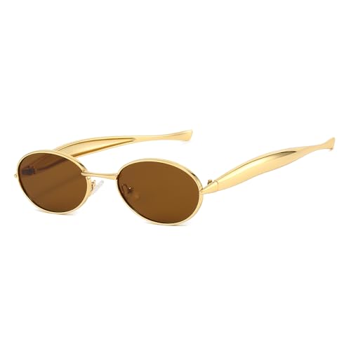 Retro Gold Oval Sunglasses for Women Men Trendy Sardine Metal Frame Shades 90s Fashion Vintage Sun Glasses