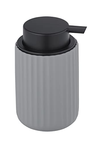 WENKO Flüssigseifenspender Belluno, nachfüllbarer Seifenspender aus hochwertiger Keramik, Seifendosierer mit moderner Rillen-Struktur, Soft-Touch, Matt Grau/Schwarz, Ø 8 x 13,5 cm, Füllmenge 300 ml