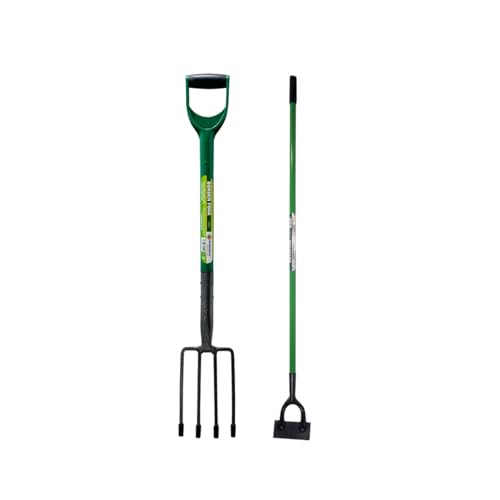 2 Piece Garden Border Digging Fork & Dutch Hoe Tool - Steel Gardening Soil Pitchfork Farm Set Handle | Cultivating All Types Of Soil | Garden Tool Set For Forking & Edging - 2pc