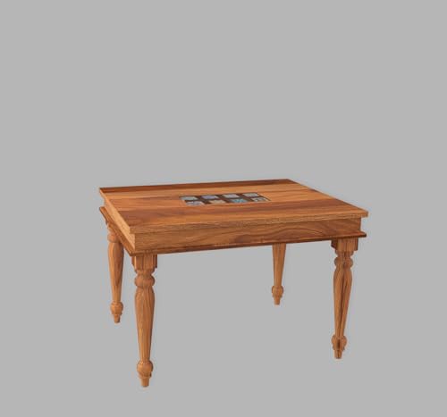 Image of MoonWooden Solid Sheesham 5-Piece Wooden Dining Set with Carved Back Chairs, Sheesham Wood Table and 4 Sky Blue Cushioned Chairs, Natural Finish