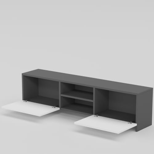 Image of Modern Living Room TV Stand with Open Display Compartment, Dual Side Storage Units, and Clean Contemporary Design for Home Decor | Assembly-DIY | Color-Grey & White