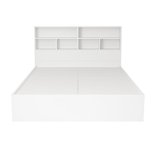 MATTERHORN Engineered Wood Bed in Teak Brown – Queen Size Double Bed with Box Storage and Headboard Storage (L1985 x W1560 x H300 mm) | Wooden Bed for Bedroom, Durable & Stylish Design (White Mist)