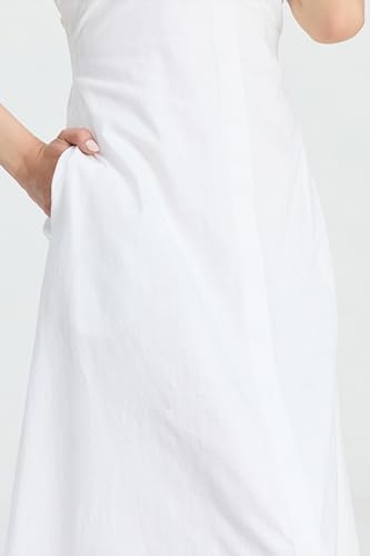 Image of Women's White Midi Dress | Sleeveless Round Neck, A-Line, Side Pockets, Office Wear Dress