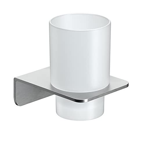 WEISSENSTEIN Zahnputzbecher ohne Bohren | Becher und Zahnputzbecherhalter zum Kleben an der Wand | Edelstahl Halterung und Glas weiß | in Silber