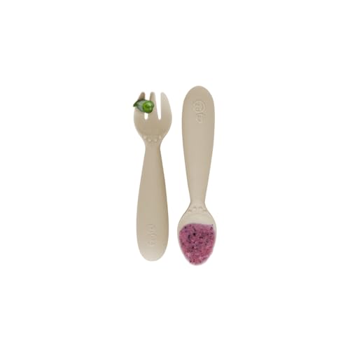 Image of ezpz Mini Utensils - 100% Food Grade Silicone + Nylon Self Feeding Spoon & Fork for Baby /Toddler Led Weaning + Purees - Designed by a Pediatric Feeding Specialist - Sensory Bumps - 12 Months+ (Oat)