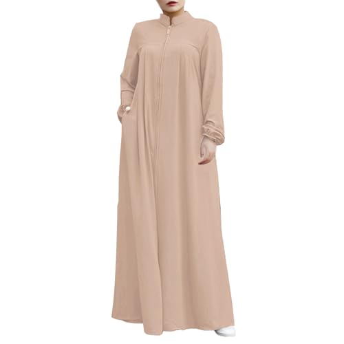 Image of Womens Abaya Muslim Long Sleeve Front Zipper Dress Prayer Islamic Clothes with Pockets