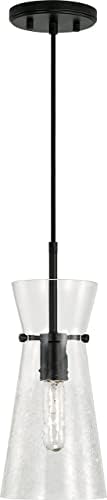 Capital Lighting 342411MB Mila Modern Clear Half-Crackle Glass Pendant Light Fixture, 1-Light 100 Watt, 15" H x 6" W, Matte Black