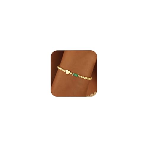 DCDJGMAJ Easter Gifts Dainty Birthstone Bracelets for Women Stretch 14K-Gold-Plated Bead Bracelet Trendy Heart Friendship Bracelets Stack Easter Basket Stuffers Birthday Jewelry Gifts for Women