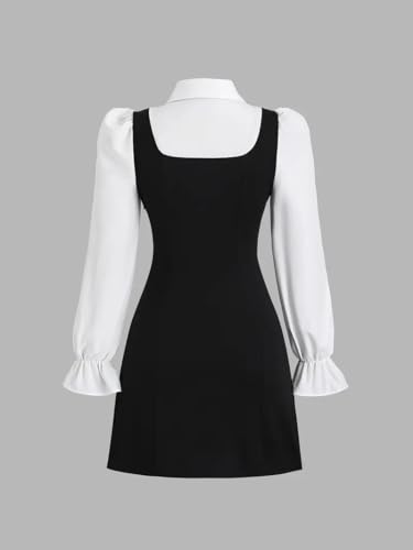 Women Short Dresses 2 in 1 Colorblock Turndown Collar Lantern Sleeve Black Suit Cute Dress2