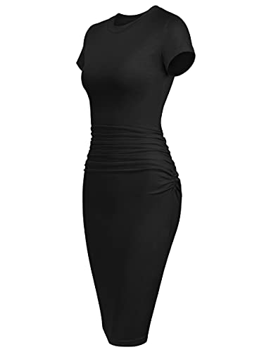 Ruched Bodycon Midi Tshirt Dress - Missufeintl Women's Casual Short Sleeve Fitted Sundress (Black, X-Small) #TOP1