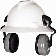 MSA Soprano Earmuffs attached to a white hard hat, viewسامنے سے ایڈ.
