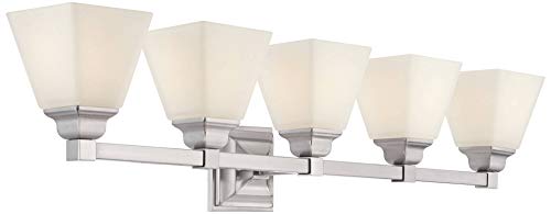 Image of Mencino-Opal 35 1 /4 inch Satin Nickel and Glass Bath Wall Mount 5-Light Fixture | Silver Metal Hardwired Wide Etched White Shade for Bathroom Vanity Mirror House Home Room Decor