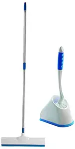 Kleeno Cello Ss and Plastic Telescopic Floor Wiper Blue+by Cello Angular Toilet Brush with Storage (Blue and White)