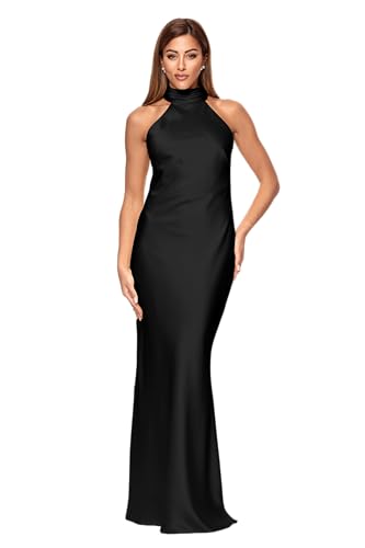 Xscape Women’s Satin Mock Neck Halter Floor Length Dress, Black, 8