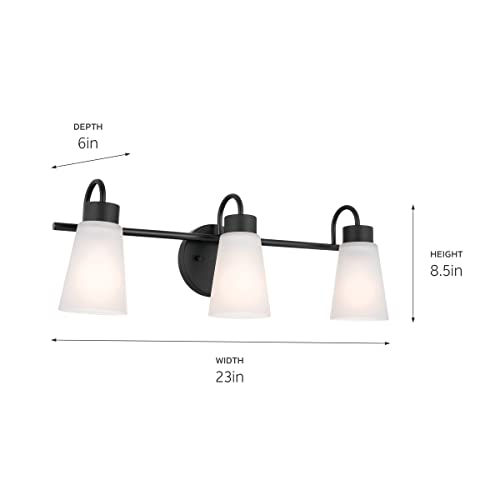 Image of Kichler Erma 3-Light Bathroom Vanity Light Fixture with Satin Etched Glass Shades, Modern Traditional Wall Mount Lighting in Black for over Mirror (23 x 8.5 x 6 in), 45887BK