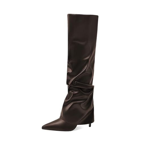 Image of Women's Knee High Boots Fold Over High Heel Pointed Toe Black White Long Boots Women Dress Tall Boots for Women