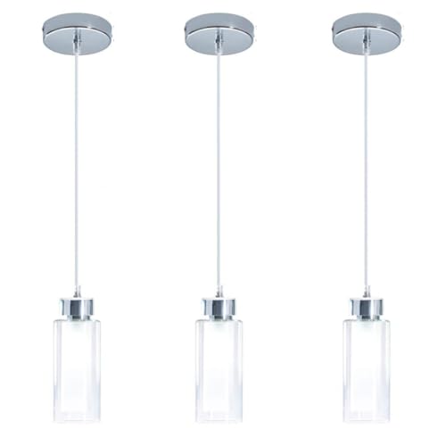 Modern Clear GlassPendant Lighti, Mini Pendant Lights Dual Glass with Cylinder Shape in Chrome Adjustable Lamp for Kitchen Island Bar Living Dining Room Bedroom 3 Lights
