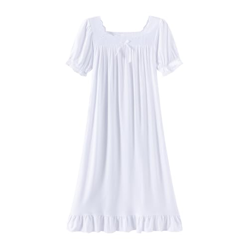 Girls White Nightgown Lace Square Neck Short Sleeve Dress