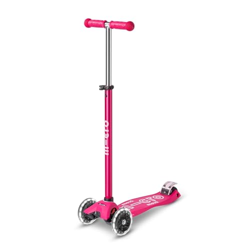 Micro | Trottinette Enfant Maxi LED Deluxe | Trottinette 3 Roues | Bandes Réfléchissantes | Roue Lumineuses | 5-12 Ans | LED Rose